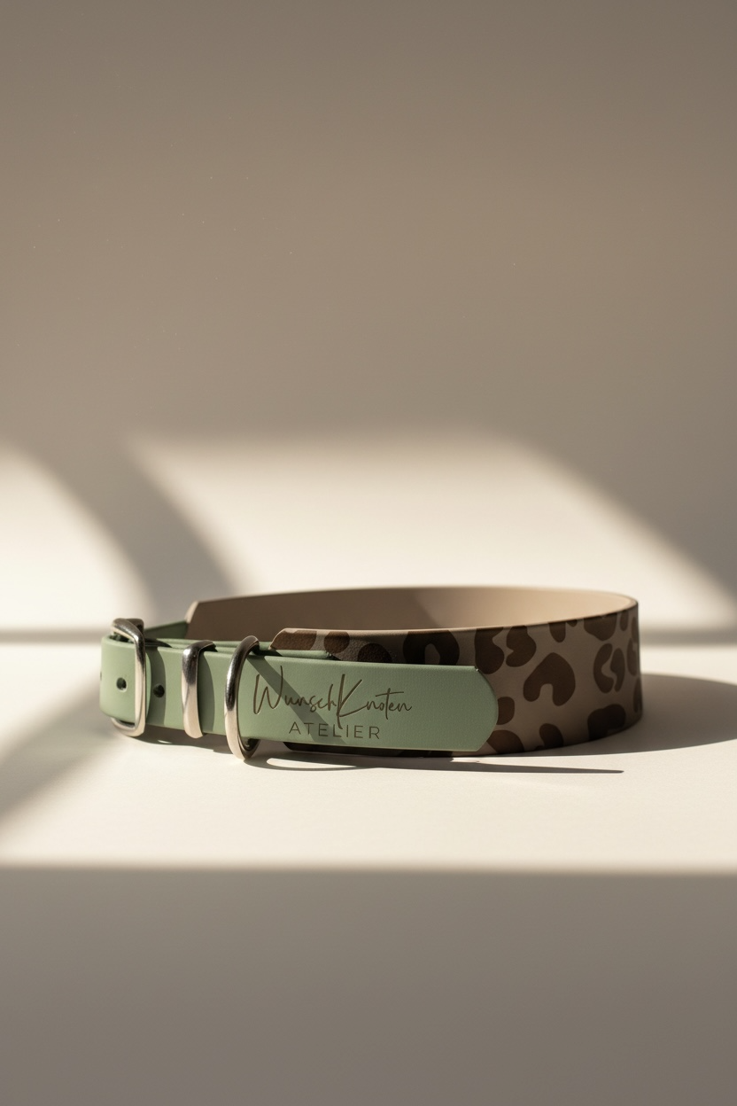 Seitenansicht Leohalsband Leo Everyday – Hundehalsband aus BioThane Taupe mit Leo-Print, sagegrüner Verschluss, gravierter Name auf schmalem Band, verstellbar, handgemacht mit Schnalle oder Zugstopp