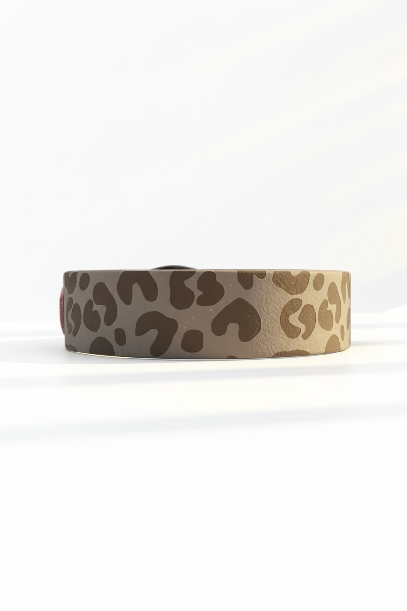 Leopardenhalsband aus BioThane in Rückansicht, Leo-Print in Beige, Grau und zartem Rosa deutlich sichtbar, wasserfestes und strapazierfähiges Hundehalsband in verschiedenen Breiten für kleine, mittlere und große Hunde