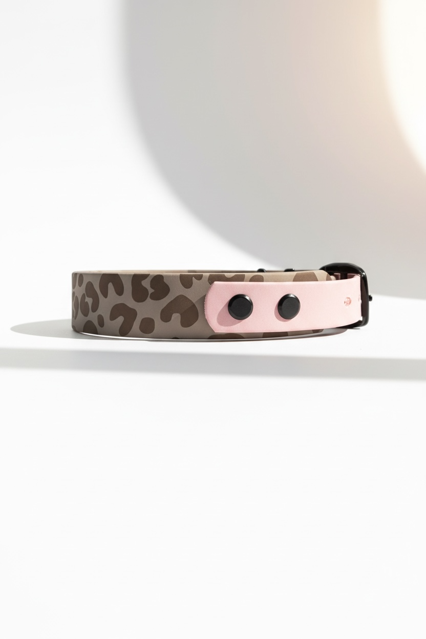 Leopardenhalsband aus BioThane in Seitenansicht, Leo-Print kombiniert mit einfarbigem Taupe, robustes und wasserfestes Hundehalsband in verschiedenen Breiten für kleine, mittlere und große Hunde