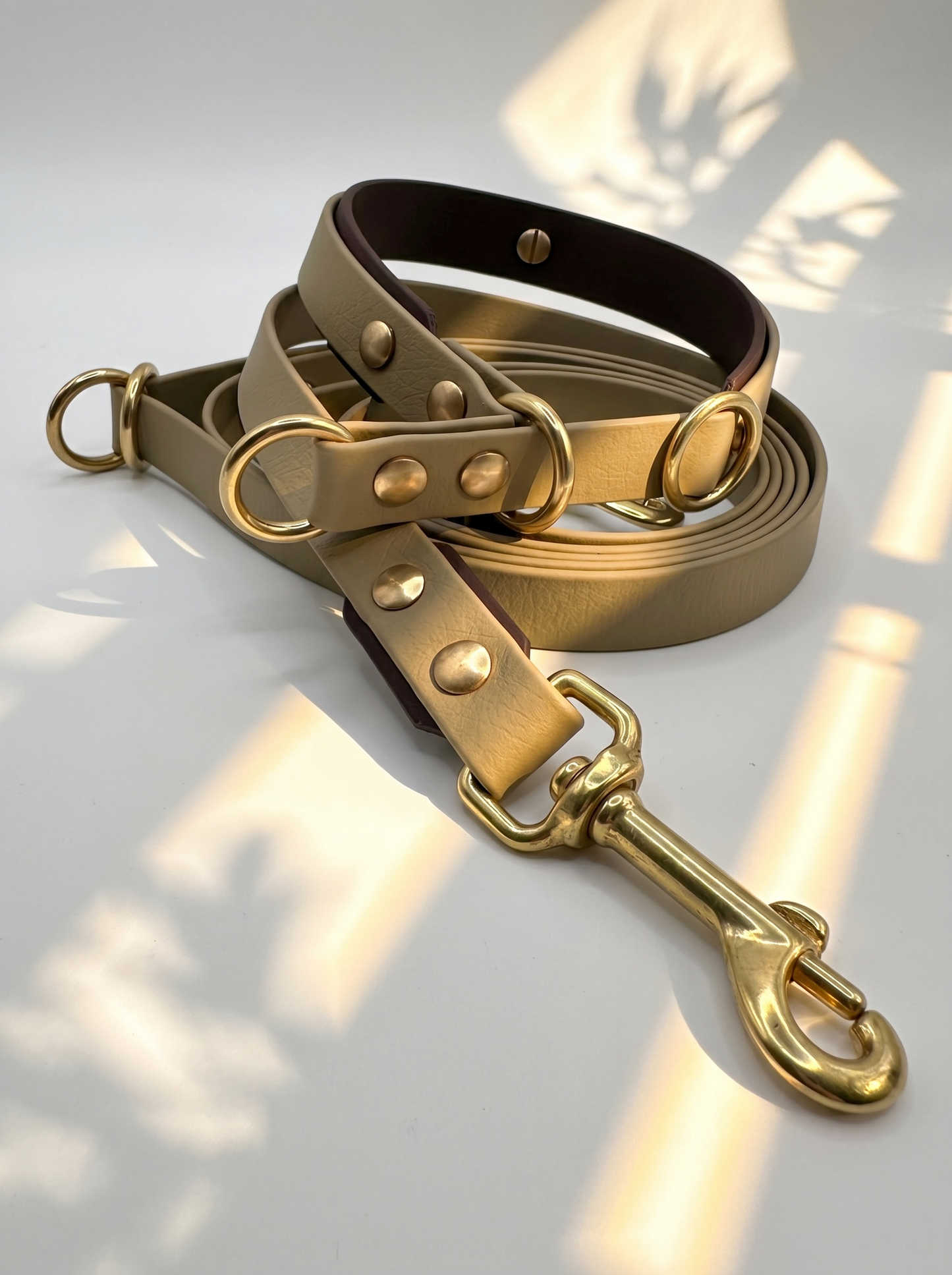 Vorderansicht des LINEA BioThane Hundehalsband- und Hundeleinen-Sets in Beige und Dunkelbraun mit Messingbeschlägen und Zugstopp-Halsband – handgefertigtes, zweifarbiges Set aus BioThane.