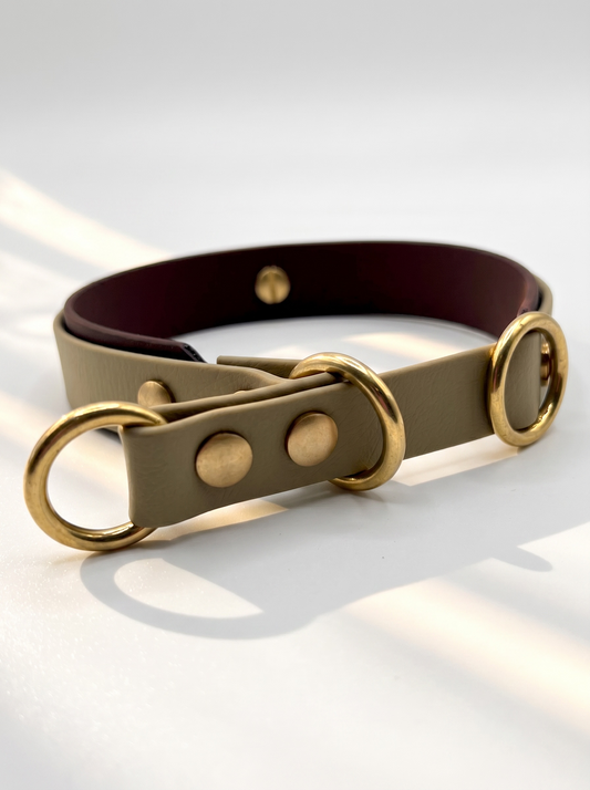Vorderansicht des LINEA BioThane Hundehalsbandes in Beige und Dunkelbraun mit Messingbeschlägen und Zugstopp-Verschluss – handgefertigtes, zweifarbiges Hundehalsband aus BioThane.