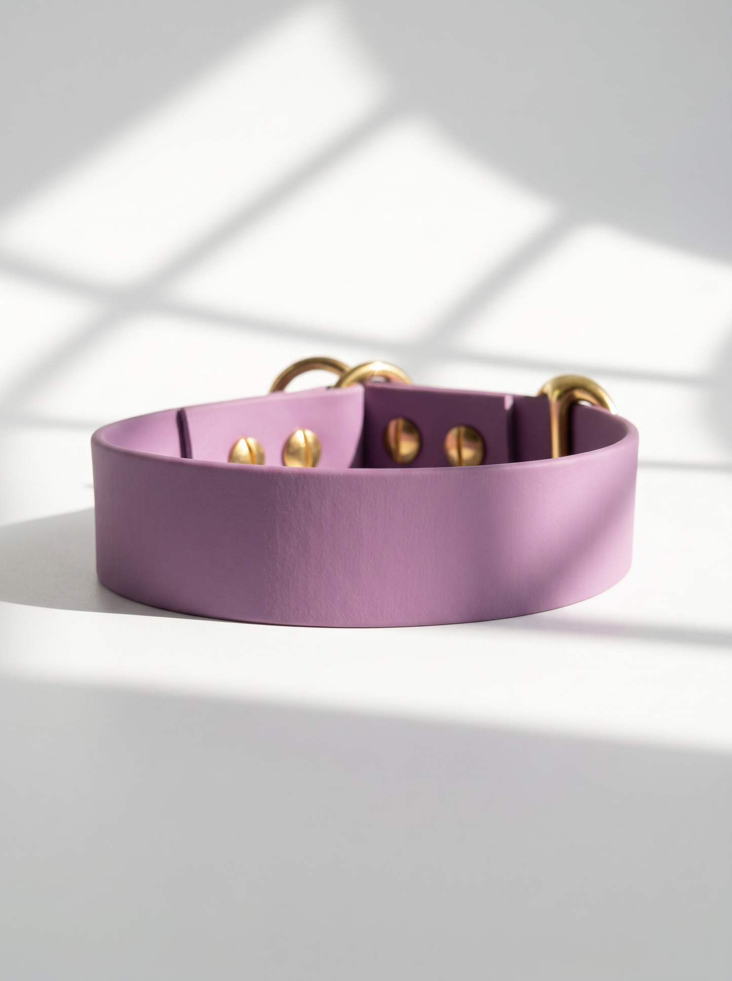 Rückansicht des MINIMAL BioThane Hundehalsbandes in Amethyst Orchidee mit Messingbeschlägen und Doppelstegschnalle zur Größenverstellung – handgefertigtes, einfarbiges Hundehalsband aus BioThane.