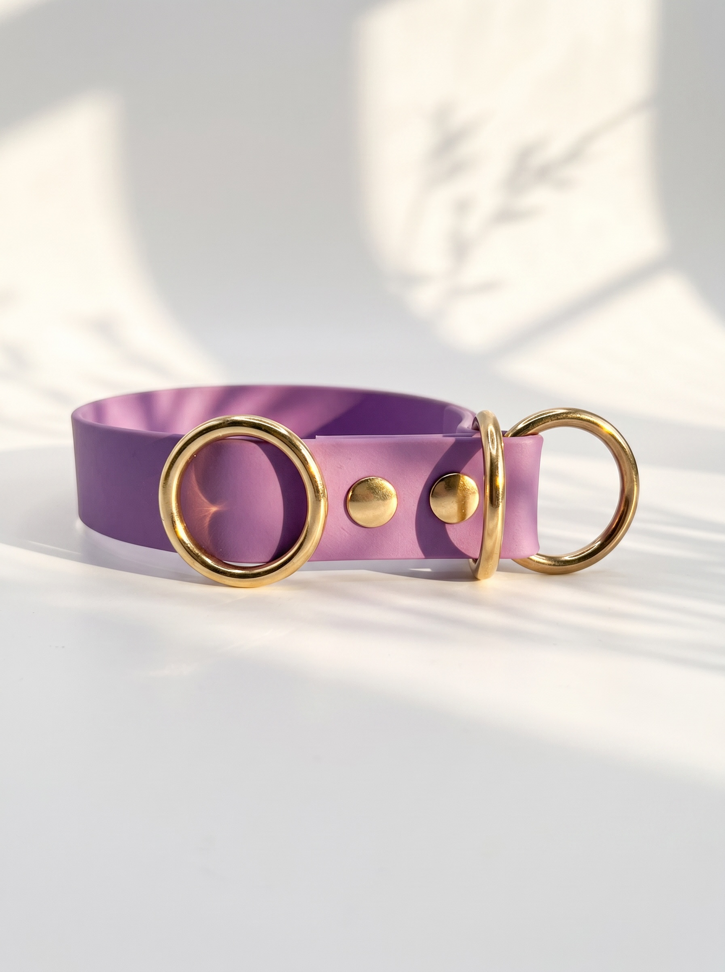Vorderansicht des MINIMAL BioThane Hundehalsbandes in Amethyst Orchidee mit Messingbeschlägen und Doppelstegschnalle zur Größenverstellung – handgefertigtes, einfarbiges Hundehalsband aus BioThane.