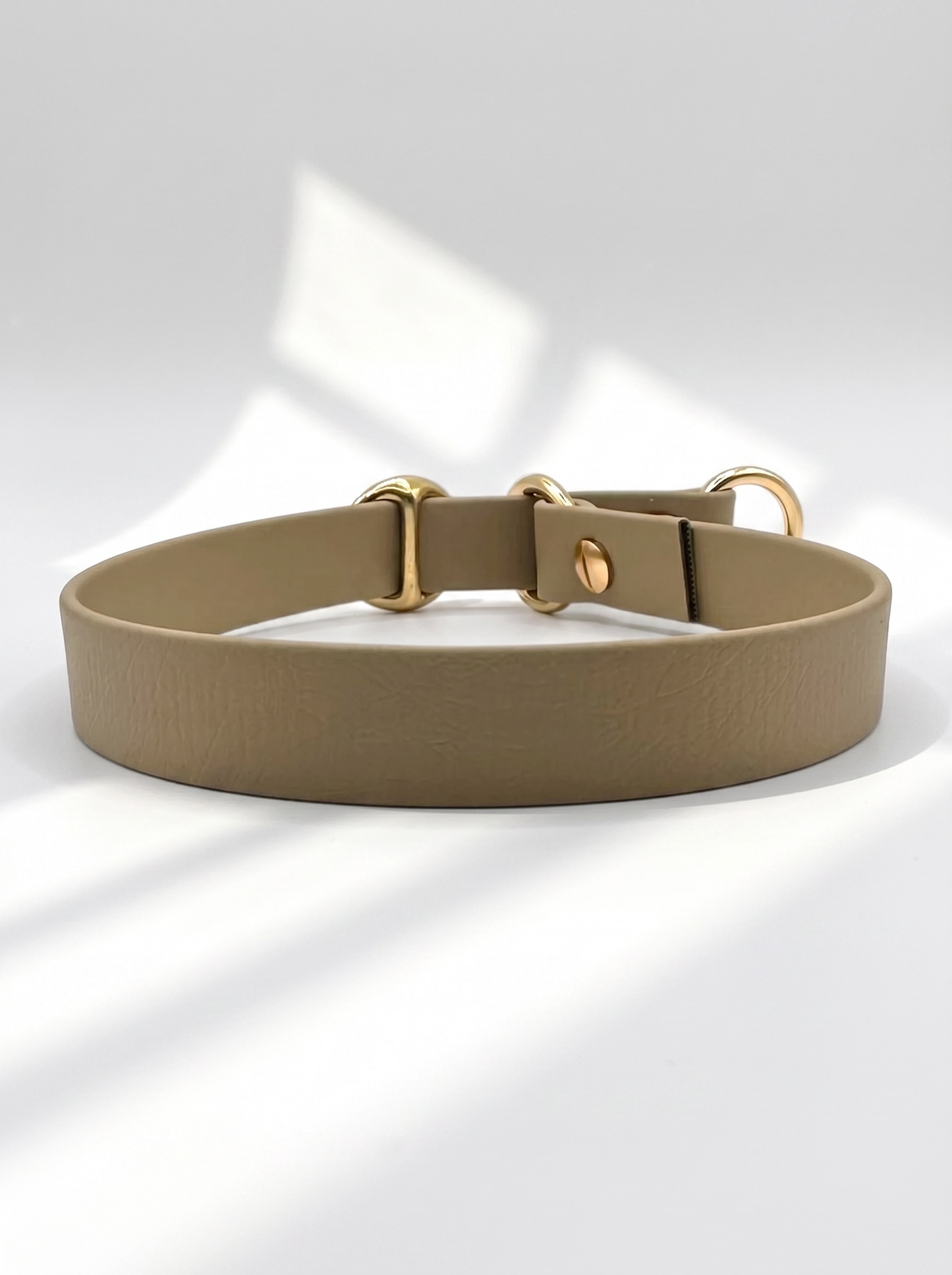 Rückansicht des MINIMAL BioThane Hundehalsbandes in Beige mit Messingbeschlägen und Zugstopp-Verschluss – handgefertigtes, einfarbiges Hundehalsband aus BioThane.