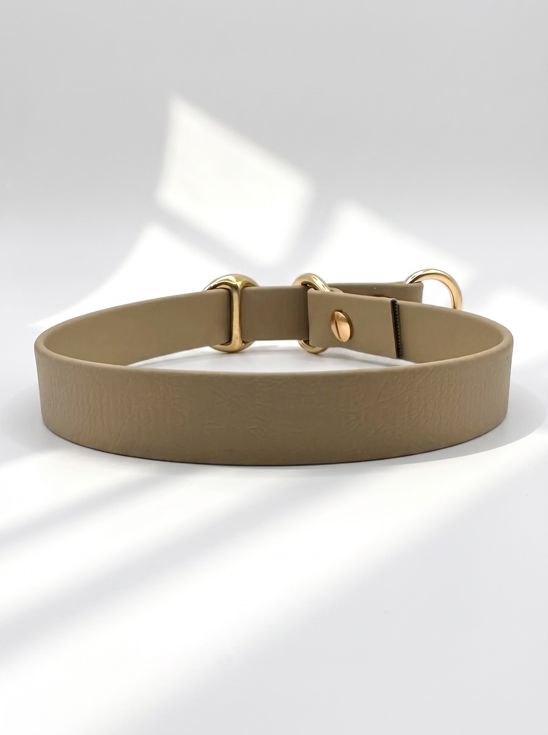 Rückansicht des MINIMAL BioThane Hundehalsbandes in Beige mit Messingbeschlägen und Zugstopp-Verschluss – handgefertigtes, einfarbiges Hundehalsband aus BioThane.