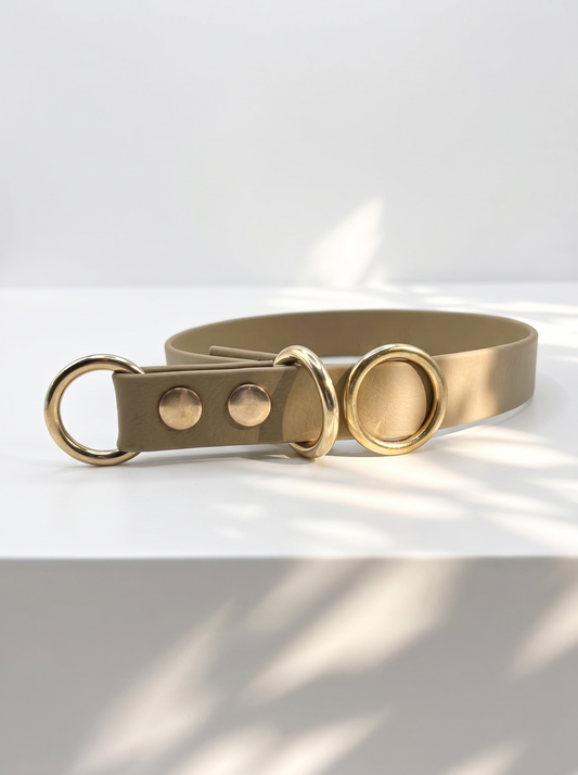 Vorderansicht des MINIMAL BioThane Hundehalsbandes in Beige mit Messingbeschlägen und Zugstopp-Verschluss – handgefertigtes, einfarbiges Hundehalsband aus BioThane.