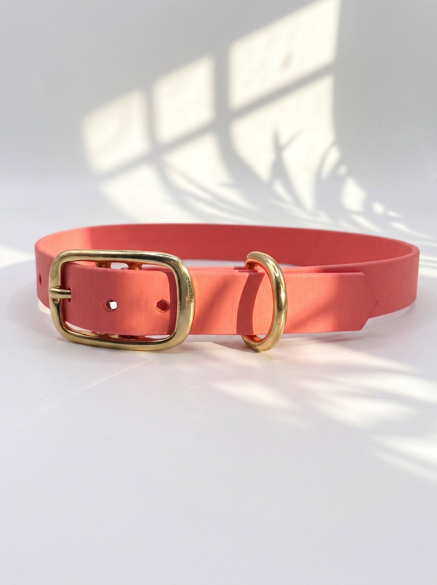 Seitenansicht des MINIMAL BioThane Hundehalsbandes in Coral mit Messingbeschlägen und Doppelstegschnalle zur Größenverstellung – handgefertigtes, einfarbiges Hundehalsband aus BioThane.