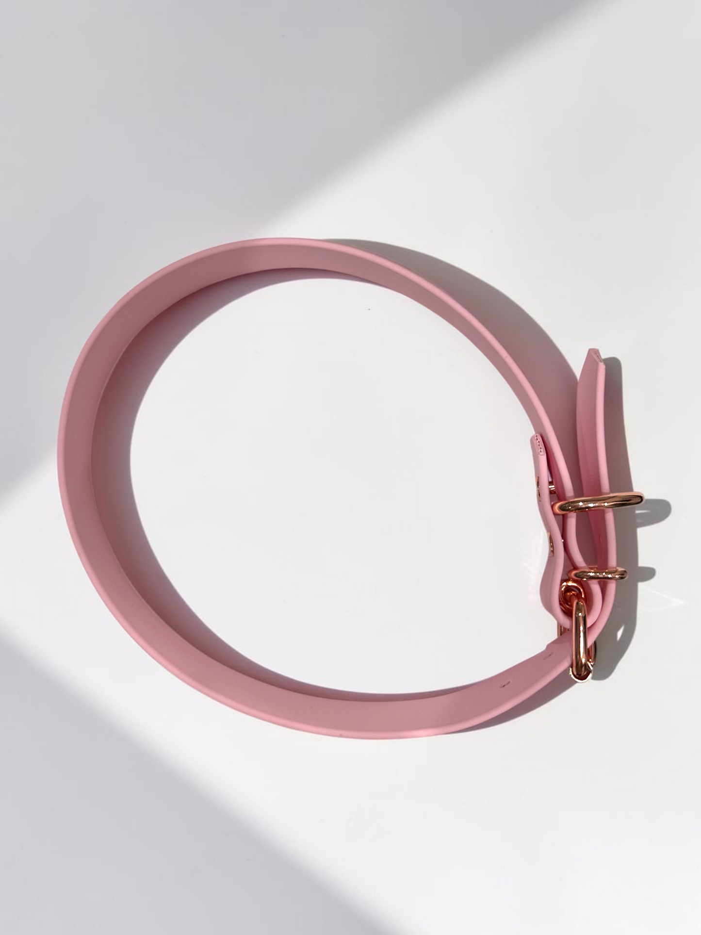 Draufsicht des MINIMAL BioThane Hundehalsbandes in Pastellrosa mit roségoldenen Beschlägen und Rollschnalle – handgefertigtes, einfarbiges Hundehalsband aus BioThane.