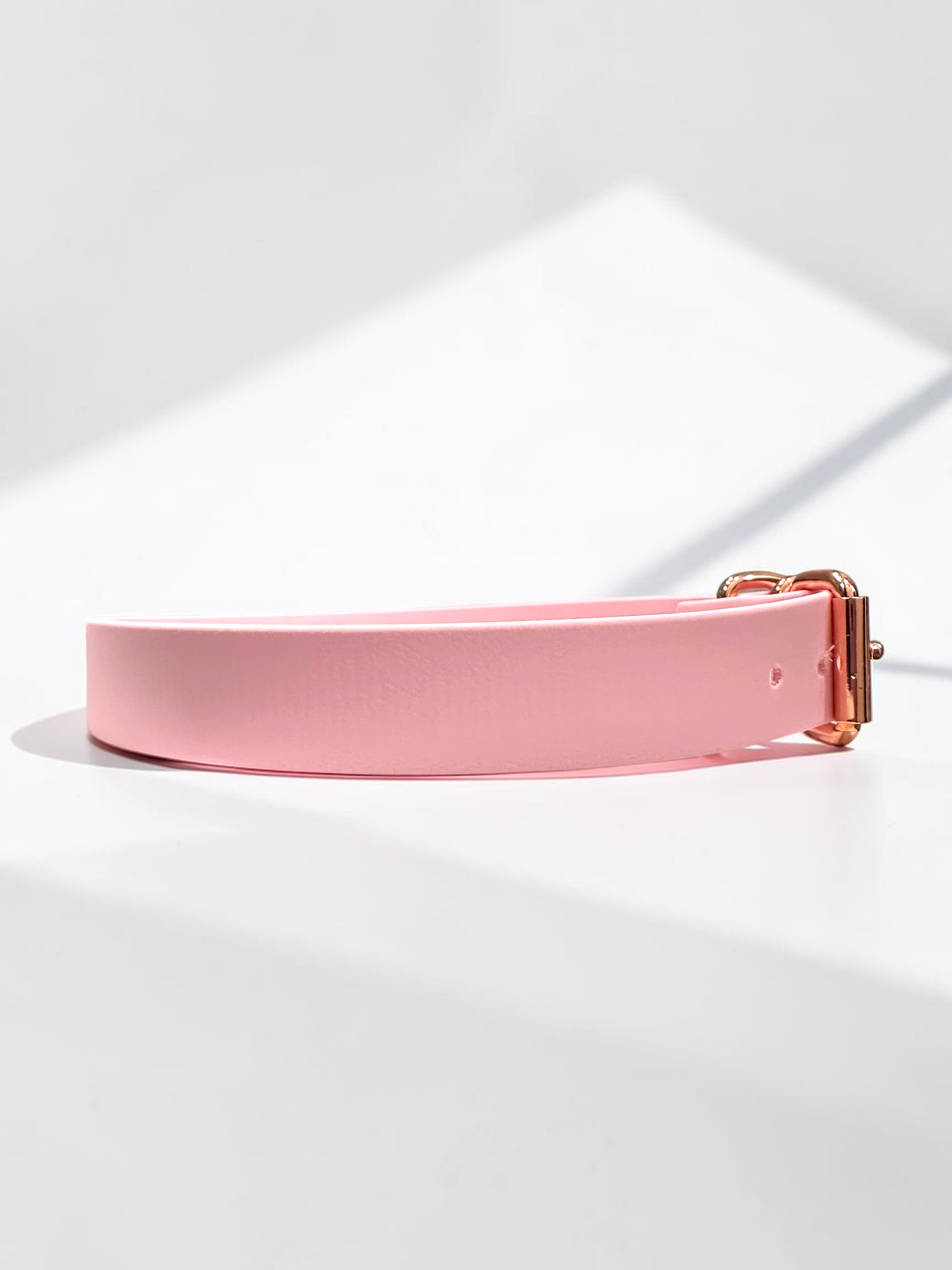 Seitenansicht des MINIMAL BioThane Hundehalsbandes in Pastellrosa mit roségoldenen Beschlägen und Rollschnalle – handgefertigtes, einfarbiges Hundehalsband aus BioThane.