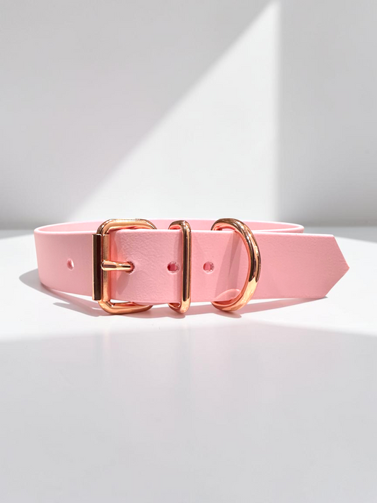 Vorderansicht des MINIMAL BioThane Hundehalsbandes in Pastellrosa mit roségoldenen Beschlägen und Rollschnalle – handgefertigtes, einfarbiges Hundehalsband aus BioThane.