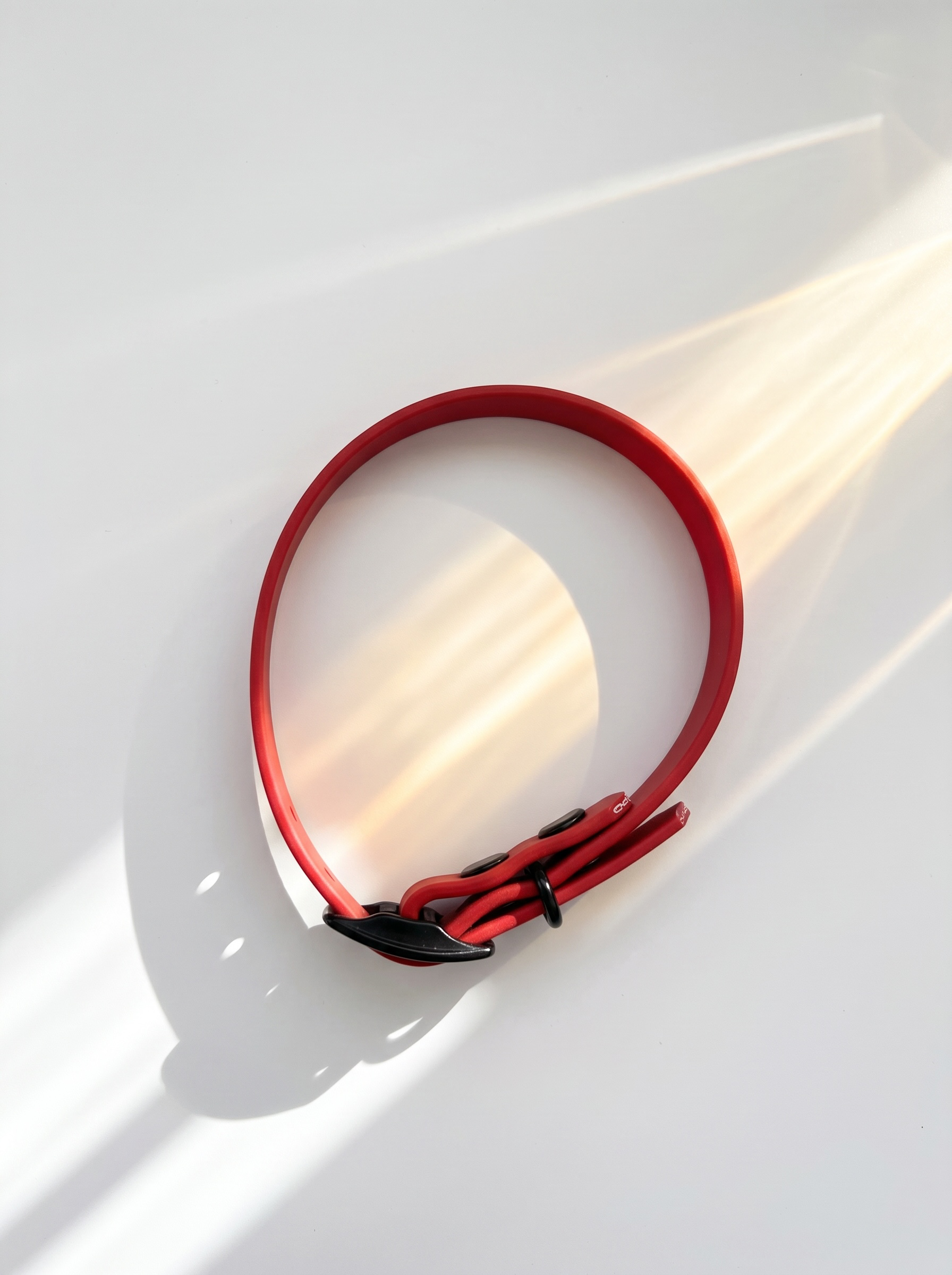 Draufsicht des MINIMAL BioThane Hundehalsbandes in Rot mit schwarzen Beschlägen und Doppelstegschnalle zur Größenverstellung – handgefertigtes, einfarbiges Hundehalsband aus BioThane
