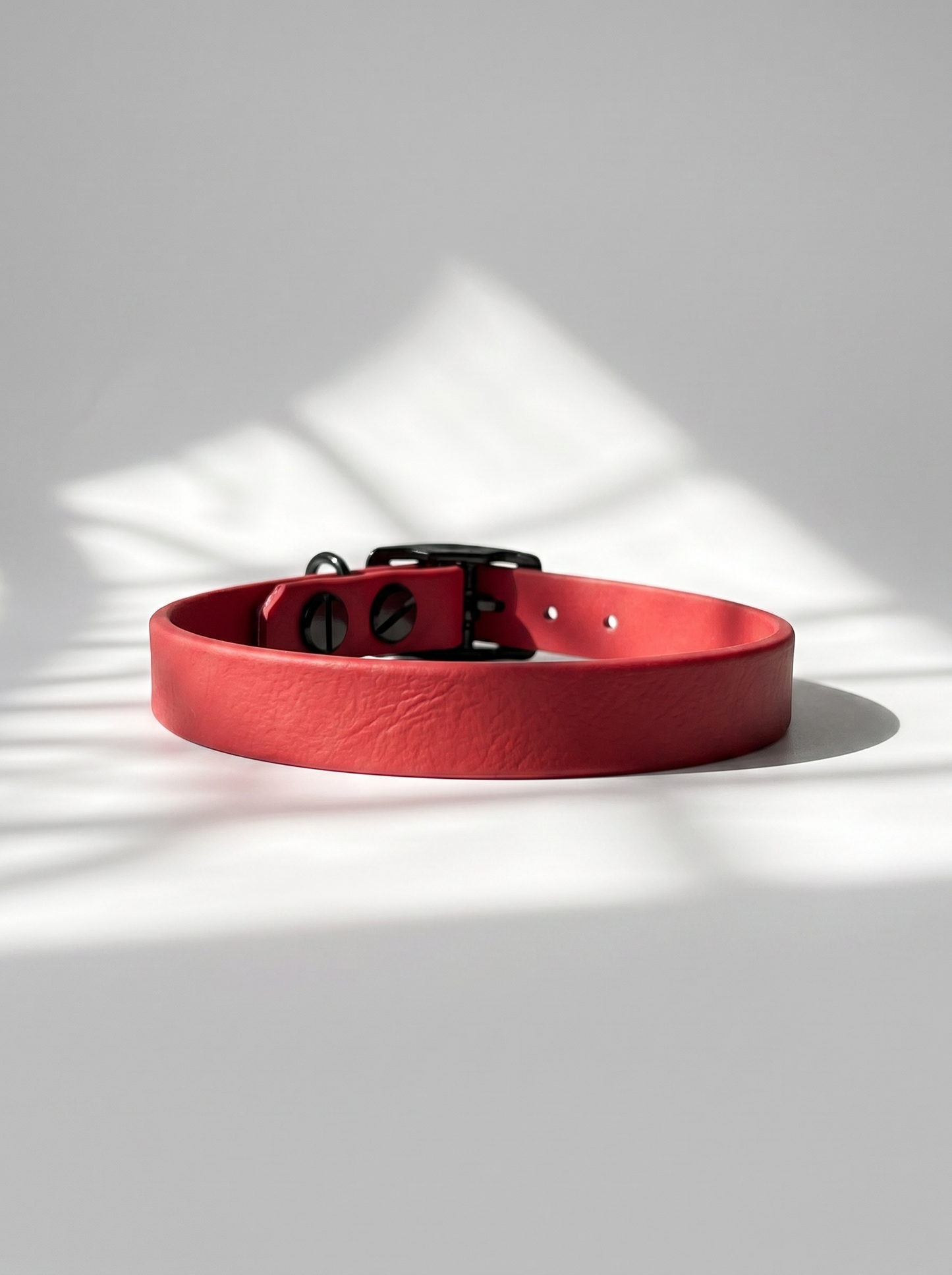 Seitenansicht des MINIMAL BioThane Hundehalsbandes in Rot mit schwarzen Beschlägen und Doppelstegschnalle zur Größenverstellung – handgefertigtes, einfarbiges Hundehalsband aus BioThane.