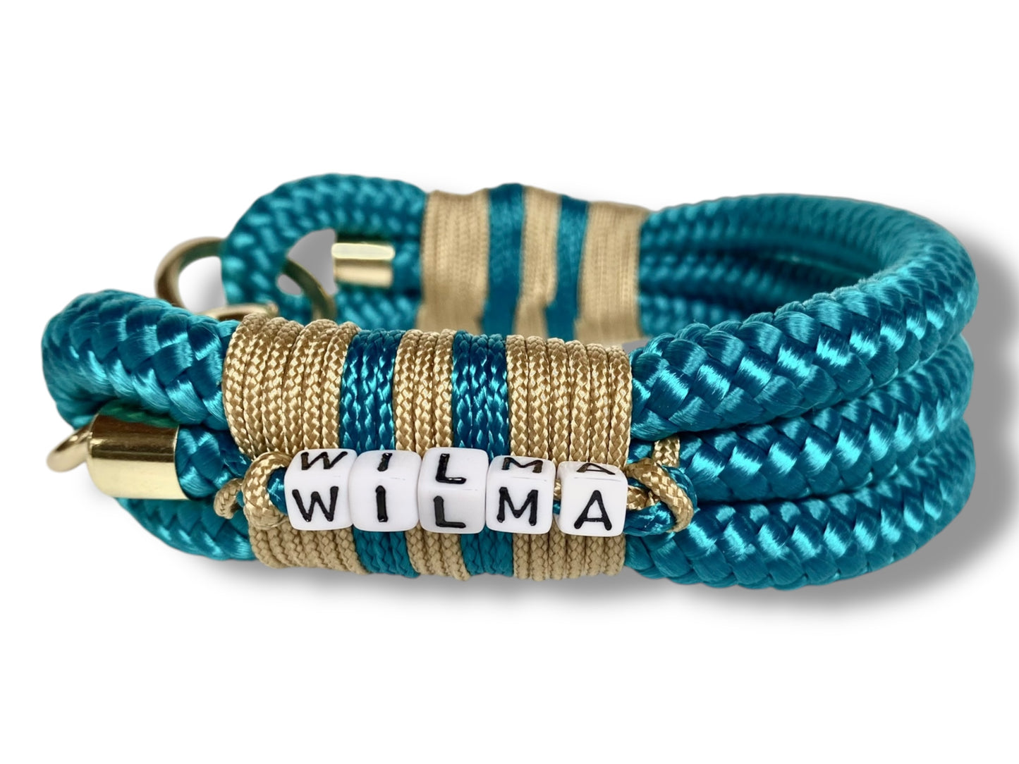 Handgefertigtes Tauhalsband in Aqua Blau und gold mit goldfarbenem Karabiner in der Seitenansicht