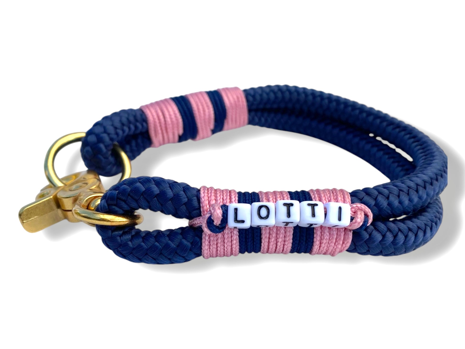 Handgefertigtes Tauhalsband in Dunkelblau und pastel rosa mit goldfarbenem Karabiner in der Seitenansicht