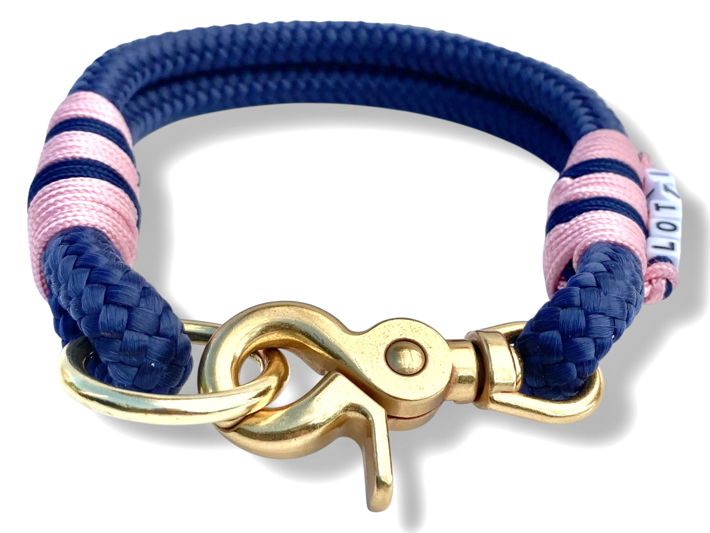 Handgefertigtes Tauhalsband in Dunkelblau und pastel rosa mit goldfarbenem Karabiner in der Vorderansicht