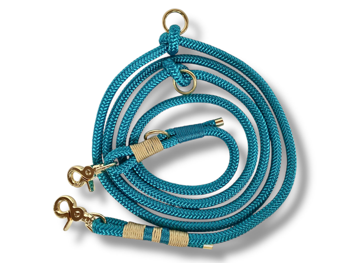 Handgefertigtes Tauhalsband in Aqua Blau und Gold mit goldfarbenem Karabiner in der Draufsicht der Leine