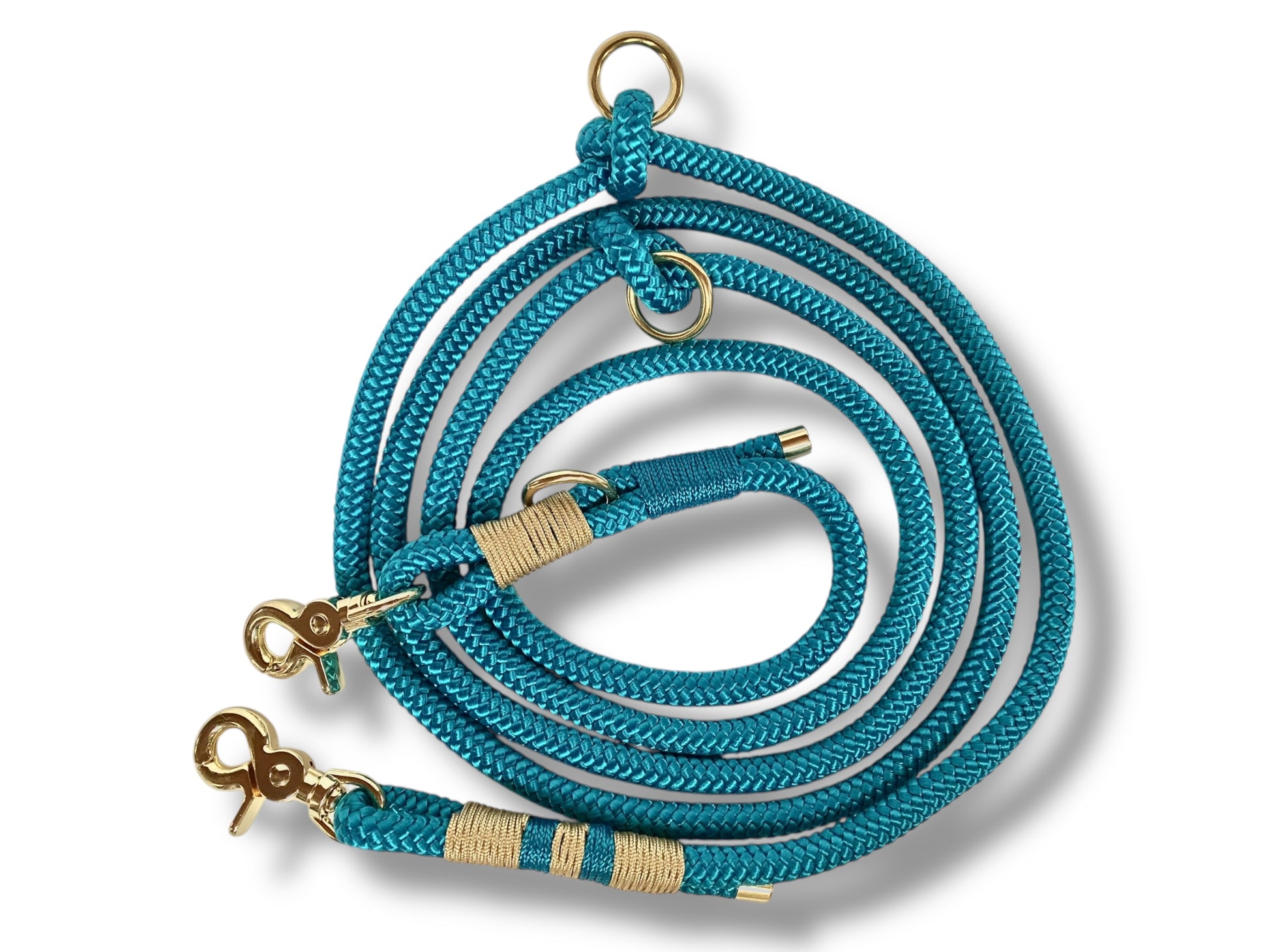 Handgefertigtes Tauhalsband in Aqua Blau und Gold mit goldfarbenem Karabiner in der Draufsicht der Leine