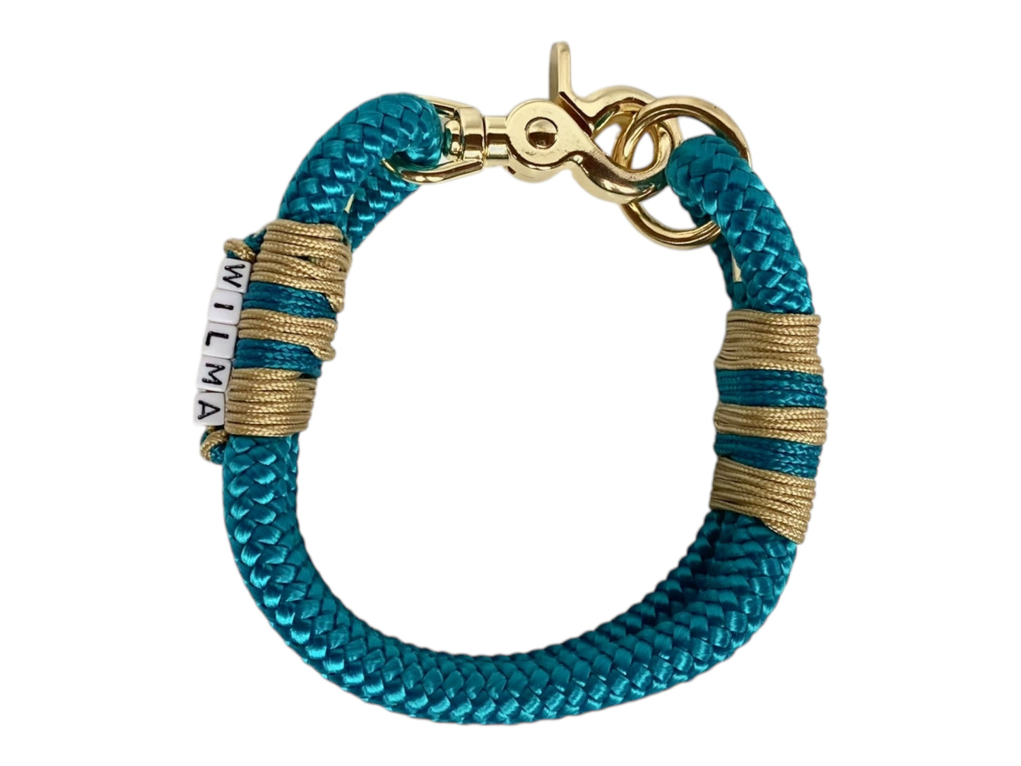 Handgefertigtes Tauhalsband in Aqua Blau und Gold mit goldfarbenem Karabiner in der Draufsicht vom Halsband
