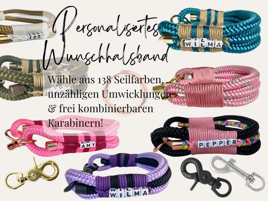 Handgefertigtes Tauhalsband in deiner Wunschfarbe, Seilstärke 10mm. Personalisierbar mit Namen