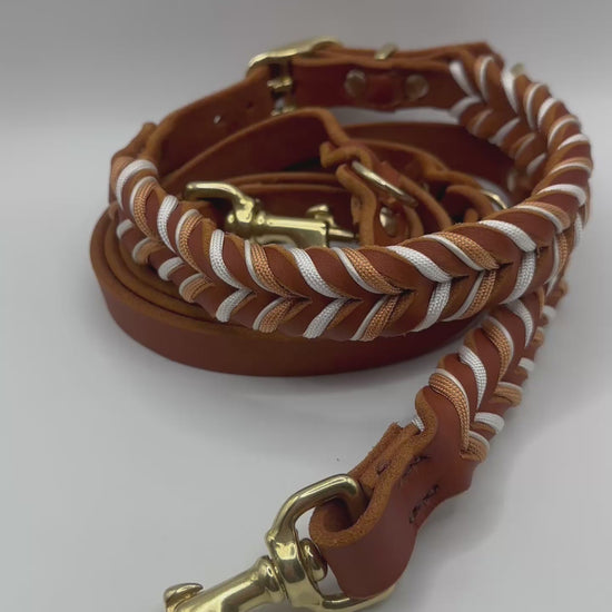 Hundeset aus Fettleder in Braun mit Kupfer und weißen Details. Lederhalsband und Lederleine Geeigent für kleine, mittlere und große Hunde, da es individuell an deinen Hund angepasst wird. Verschiedene Breiten und Längen personalisierbar.